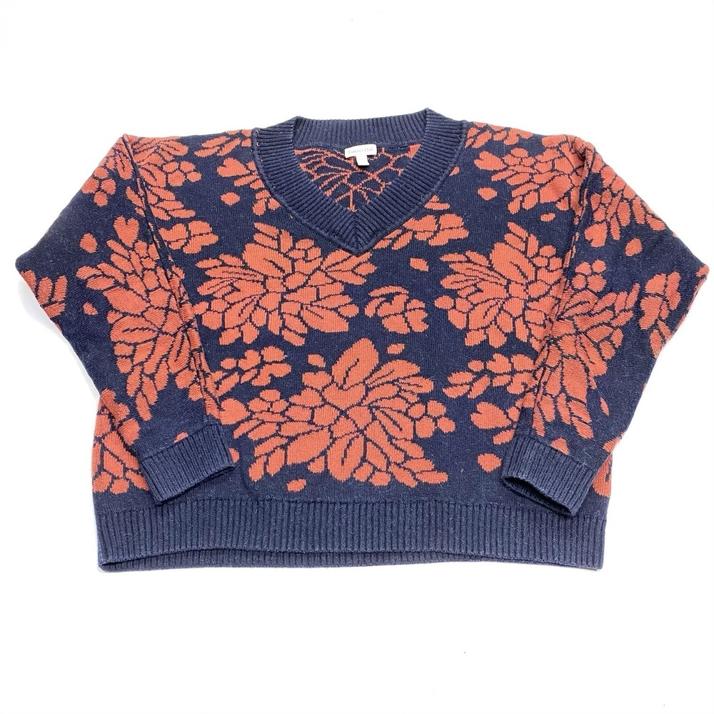 Garnet Hill Sweater Small Navy Floral Everly Jacquard Alpaca Pima Cotton Luxury